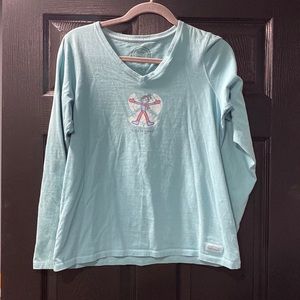 Woman’s medium life is good long sleeve shirt. Blue with snow angel.